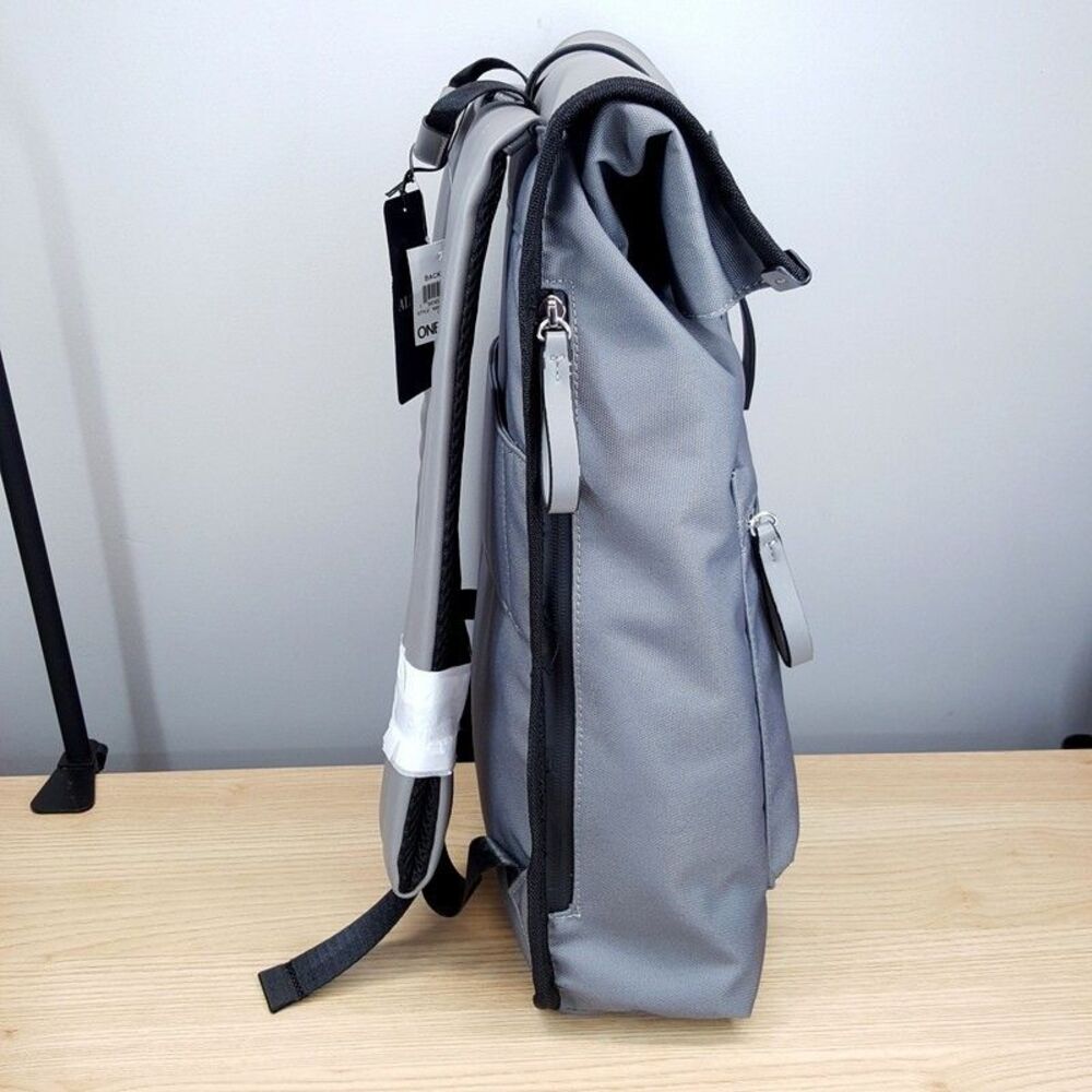ALFANI Backpack Grey Canvas Roll Top Backpack Faux Leather Trim Laptop Sleeve - Picture 6 of 13